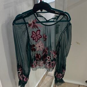 Anthropologie Teal Sheer Mesh Top with Pink Floral Embroidery